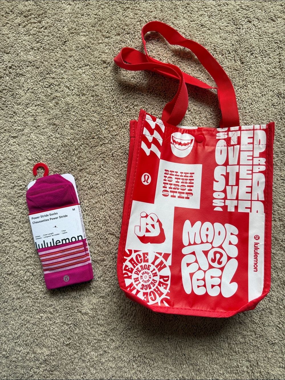 Lululemon athletica pink Power Stride Socks with Red Graphic Tote Bag